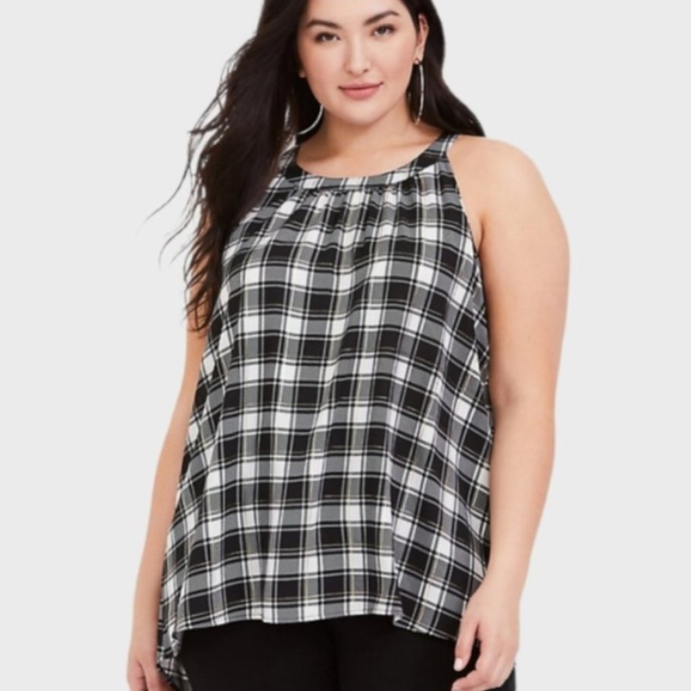 Torrid Black & White Plaid with Gold Accents Georgette High Neck Tank Top